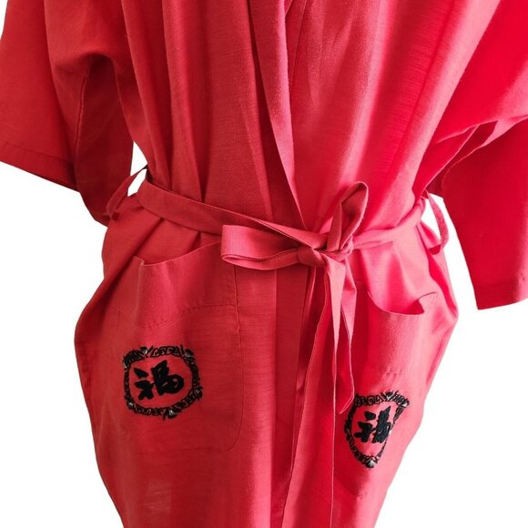 Kimono Style  Robe Chinese Embroidery Red Belted Cotton‎ Blend (Flaw) - Picture 2 of 14
